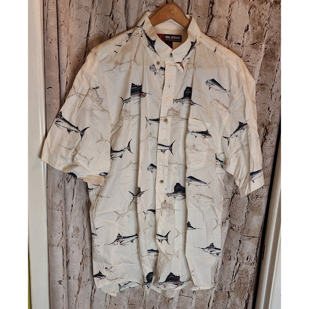Reel Legends Performance Men's XL short sleeve Beige button shirt Sailfish Patrn
